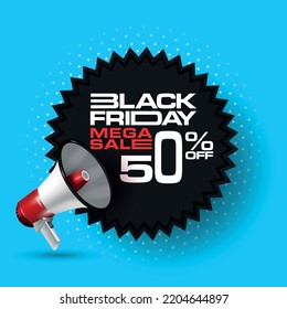 Black Friday Mega Sale discount unit with poster with megaphone and star blurb. Vector illustration.