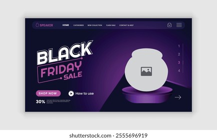 Black Friday Mega Sale Music Gadget Products and Computer or Smartphone Wireless Speaker Website Landing Page, Web Banner, Horizontal Banner User Interface Design Template