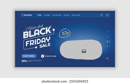 Black Friday Mega Sale Music Gadget Products and Computer or Smartphone Wireless Speaker Website Landing Page, Web Banner, Horizontal Banner User Interface Design Template