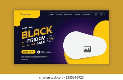 Black Friday Mega Sale Music Gadget Products and Computer or Smartphone Wireless Speaker Website Landing Page, Web Banner, Horizontal Banner User Interface Design Template