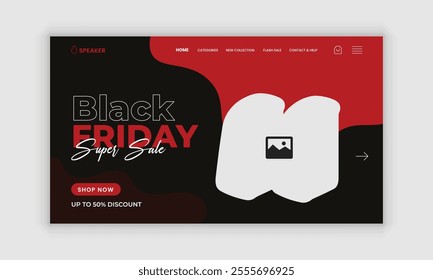 Black Friday Mega Sale Music Gadget Products and Computer or Smartphone Wireless Speaker Website Landing Page, Web Banner, Horizontal Banner User Interface Design Template