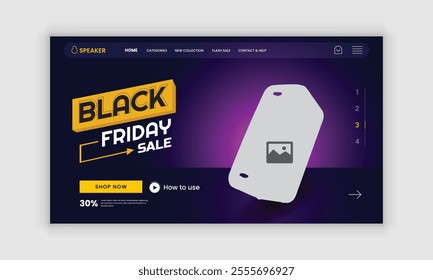 Black Friday Mega Sale Music Gadget Products and Computer or Smartphone Wireless Speaker Website Landing Page, Web Banner, Horizontal Banner User Interface Design Template