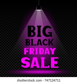 Black friday mega sale pink text message in purple lamp light on transparent dark background. Business communication dialog or quote template sign.