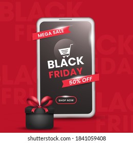 Black Friday Mega Sale Poster Design With 50% Discount Offer, Realistic Gift Box And Smartphone On Red Background.