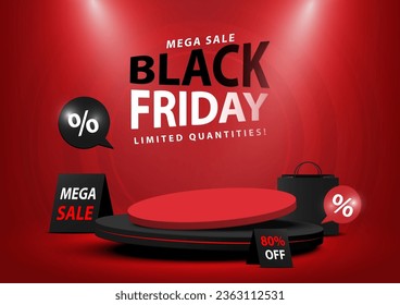 Black Friday, Mega Sale. Stage pedestal for Advertising product with sale tags banner elements on red background. Abstract background. Vector illustration.