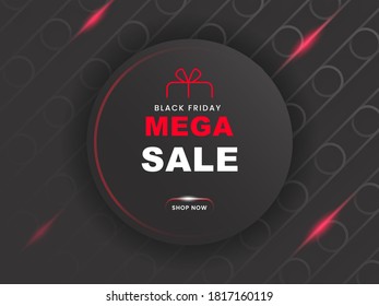 Mega venta de Viernes Negro Texto sobre forma redonda gris oscuro y fondo abstracto.