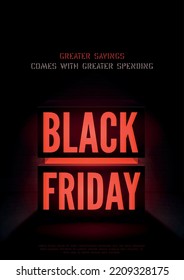 Black friday mega sale vector poster template at night. Red neon light box for biggest shopping event 3d inscription. Discounts offer advert with copyspace. Sale coming soon banner design