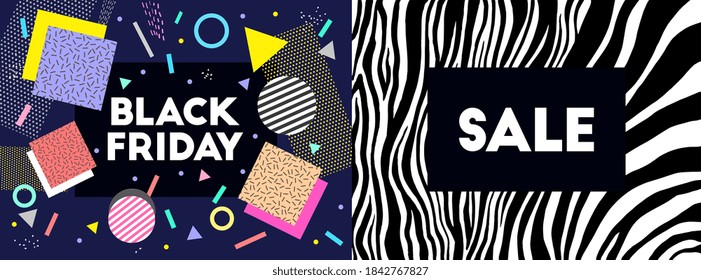 Black friday. Memphis border frame. Geometrical banner. Retro, vintage 80s, 90s style. Vector artwork. Blue, white, pink, yellow, beige, purple colors. Logo, label, branding. Print, poster, wallpaper