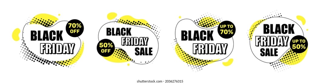 Black friday minimal geometric sale labels. Black and yellow modern design elements for sale promotion, discounts and advertising. Sale labels templates for Black Friday Seasonal Sale. Abstract vector