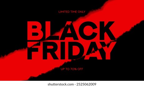 Black Friday minimalist background. Modern typography Black Friday banner with red torn or ripped paper and discount offer. Template for Black Friday sale, promotion, advertising and social media ad.