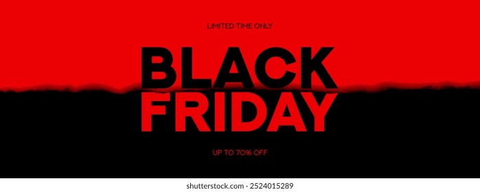 Black Friday minimalist banner. Modern typography Black Friday banner with red torn or ripped paper and discount offer. Template for Black Friday sale, promotion, advertising and social media ad.