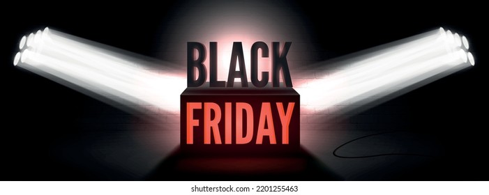 Schwarze Friday minimalistische Vektorbreite Plakatvorlage. Spotlight beleuchtet kommende Rabatte Werbung und 3D-Handybox. Trendangebot auf dunklem Hintergrund. Preisbanner-Design