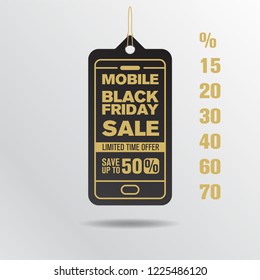 Black Friday mobile concept sale and discount with typographic design in a hanging label tag