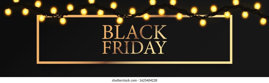 Black Friday, modern horizontal banner, logo golden color with yellow garland on a black background, vector illustration