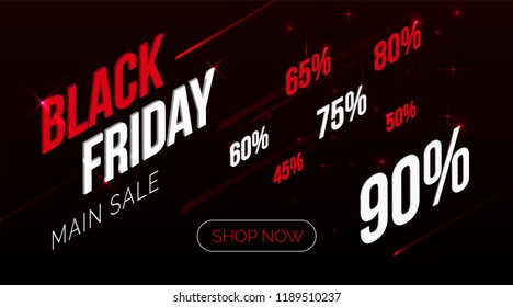Black Friday. modern isometric abstract illustration. web online landing page,shopping bargain sales concept.Isometrics abstraction numbers of discount percents, ready to use button Shop Now. Main Sale