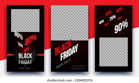 Black Friday modern isometric abstract illustrations web online stories template. shopping sales concept. Isometrics black abstraction with discount percents.