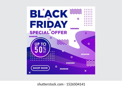 Black Friday modern promotion square web banner for social media mobile apps. Elegant sale and discount promo background with abstract pattern. Email ad newsletter layout. gradient blue purple
