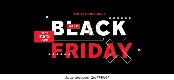 Black Friday.  Modern Typography Idea for Day Black Friday. Pattern with Black, Purple, Red, Colors. Template for Banner, Advertising, Poster, Ads, Cover. Vector illustration.