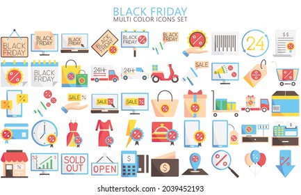 Conjunto de iconos multicolor del Viernes negro aislado. signo abierto, tienda, descuento, ventas, marketing, compras y otros. Símbolos para aplicaciones móviles, kit de interfaz de usuario o UX y aplicaciones, EPS 10 listo para convertirse a SVG.