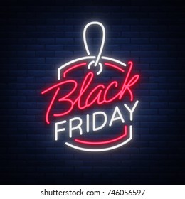 Black Friday neon advertising, discounts, sales, neon bright banner sign. Glowing sign for your projects