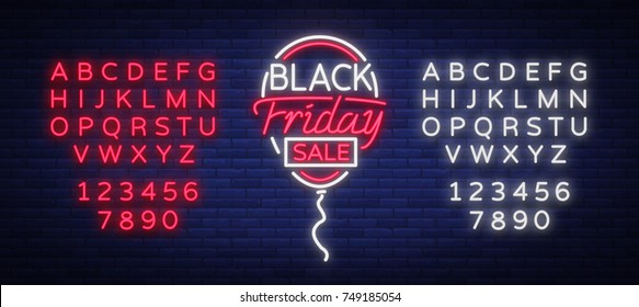 Black Friday neon advertising, discounts, sales, neon bright banner sign. Glowing sign for your projects. Editing text neon sign. Neon alphabet