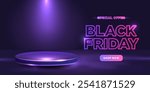 Black Friday neon banner with podium. Shop now.