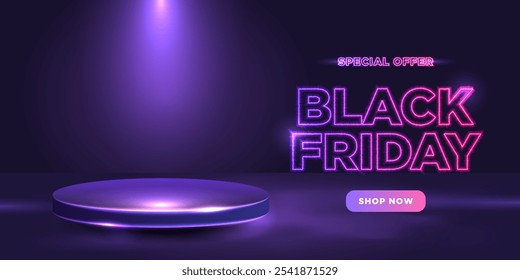 Banner de neon Black Friday com pódio. Compre agora.