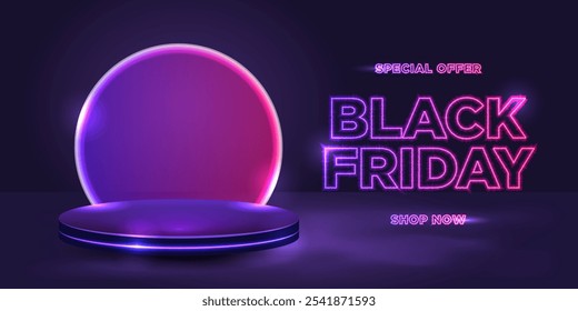 Black Friday neon banner with podium. Special offer.