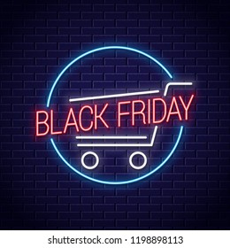 Black friday neon banner. Shopping cart for black friday sale neon sign on wall background
