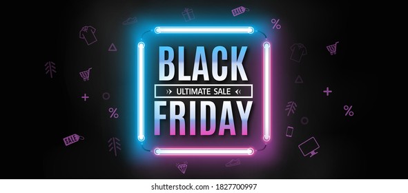 Black friday neon banner. Vector illustration