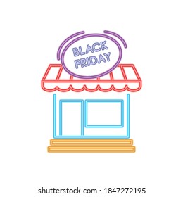 diseño de neón de viernes negro con icono de tienda sobre fondo blanco, diseño colorido, ilustración vectorial