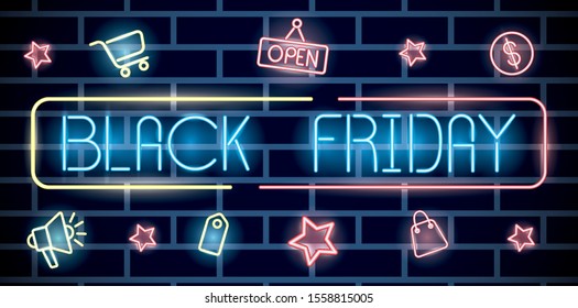 black friday neon label with set icons vector illustration design