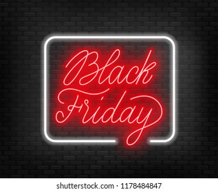 Black Friday neon lettering on brick wall background.