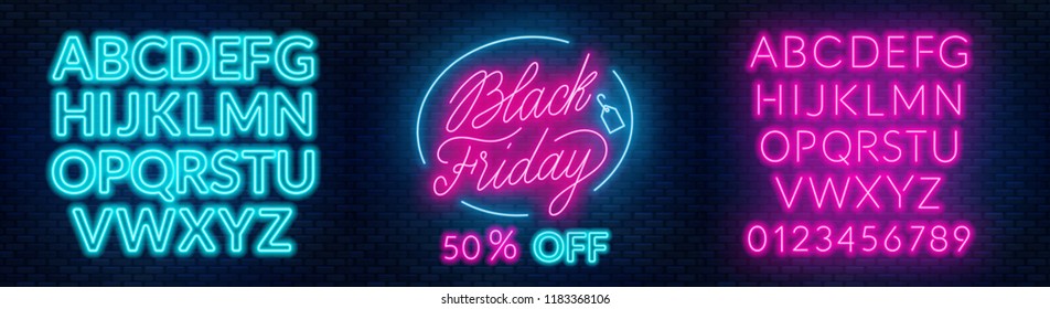 Black Friday neon lettering on brick wall background with the alphabet - Shutterstock ID 1183368106