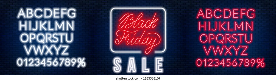 Black Friday neon lettering on brick wall background with the alphabet