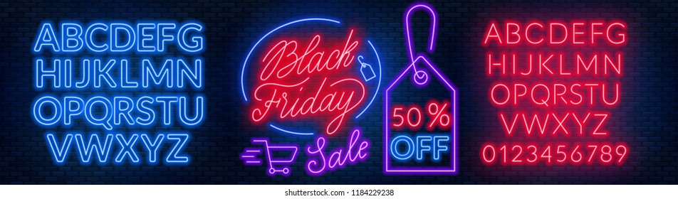 Black Friday neon lettering on brick wall background with the alphabet