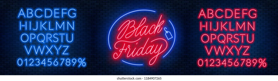 Black Friday neon lettering on brick wall background with the alphabet