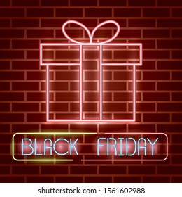black friday neon lights label with gift vector illustration design