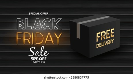 Black Friday Neon Lights On Back Wooden Background with Black Box. Vector Graphics.