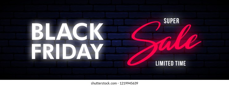 Black Friday neon long horizontal banner. Bright sale sign.  Vector light signboard.