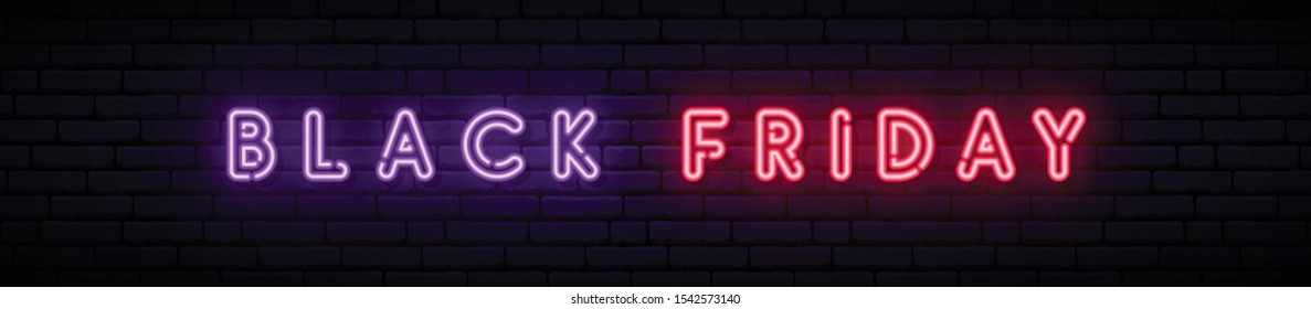 Black Friday neon long signboard. Vector stock illustration. Neon text on brick wall background.