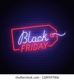 Sinal de néon da Black Friday, tabuleta brilhante, banner de luz. Logotipo de grande venda, emblema. Ilustração vetorial