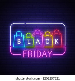 Black Friday neon sign, bright signboard, light banner. Big sale logo, emblem. Vector illustration