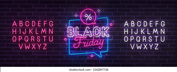 Black Friday neon sign, bright signboard, light banner. Black Friday logo, emblem and label. Neon sign creator. Neon text edit