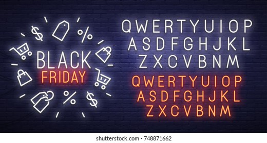 Black Friday neon sign, bright signboard, light banner. Black Friday logo, emblem and label. Neon sign creator. Neon text edit