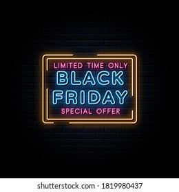 Black friday neon sign, design element, light banner, announcement neon signboard.