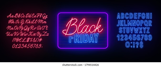 Black Friday Neon Sign On Dark Background. Neon Duo Red And Blue Font. Bold And Script Alphabet.