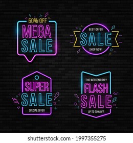 Black Friday neon sign on the brick wall. Mega sale banner. Bright signage. Neon Black Friday signboard.