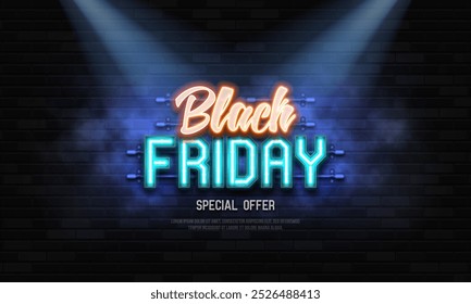 Black Friday neon sign. Promotion sale poster with neon lighting on brick wall background. Vector illustration.