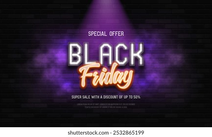 Black Friday neon sign. Promotion sale poster with neon lighting on brick wall background. Vector illustration.